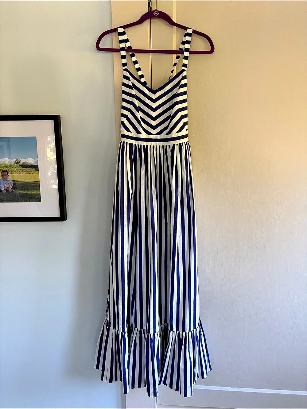J.Crew Blue and White Striped Maxi Dress with Waist Tie Size 2